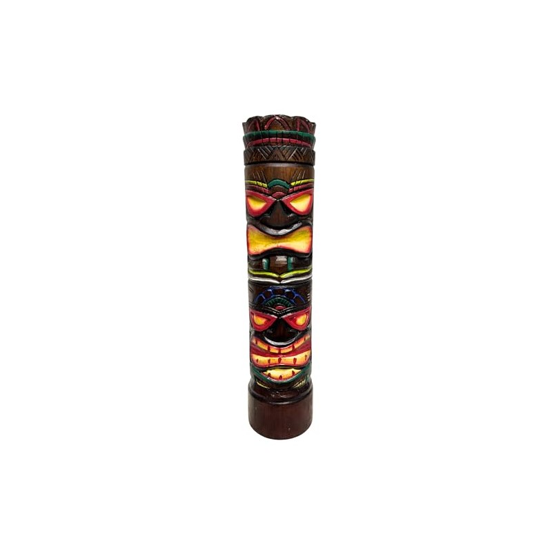 WorldBazzar Hand Carved Two Face Tiki Totem Pole Statue 28"