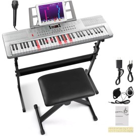 61 Key Keyboard Piano Electric Keyboard w/Lighted Keys,Electric Piano Set Silver