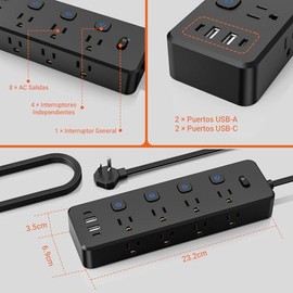 FANDBO 12 en 1 Multicontacto Regleta Extension Electrica con Protector Supresor de Picos de Voltaje, 1.5M, con 8 Salidas CA y 4 Puertos USB, Sleek Soc