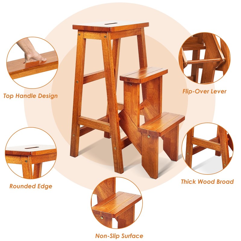 BETTARY 3-Step Folding Wooden Step Stool, Portable Anti-Slip Step Ladder,
