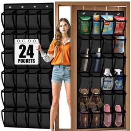 Aheroi Over the Door Shoe Organizer, 24 Pockets Black Hanging Shoe Organizer Mesh Hanging Shoes Rack for Door, Large Breathable Organizer Door Hanger for Shoes Space Saving Hangs Storage Holder