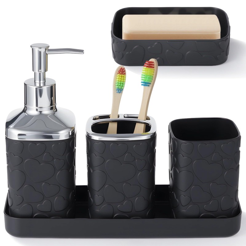 5 Pcs Bathroom Accessories Set, Heart Embossed Lotion Dispenser, Toothbrush