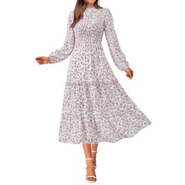 NOLLSOM Women 2025 Fall Dress Floral Boho Dress Casual Long Sleeve Crew Neck Ruffle A-Line Flowy Wedding Guest Maxi Dresses(White Pink Flower,Small)
