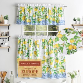 Maison d' Hermine Kitchen Curtains Sets for Windows 100% Cotton Set of Kitchen Curtains Valances for Home [2 Tiers (28"X36") and 1 Valance (56"X18")] Farmhouse, Cafe (Cedrat)