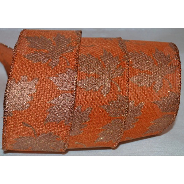 Wired Ribbon~Autumn Maple Leaf~Woven Orange~2.5"~Fa