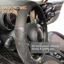 PINCTROT Large Size Comfy Grip Steering Wheel Cover, Anti-Slip Design, 15.5-15.75 Inch(Silicone Black)