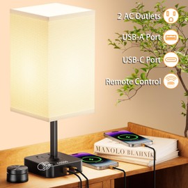 Remote Control Bedside Lamp with USB-C & USB-A Charging Ports, 2 AC Outlets, Stepless Dimming Nightstand Lamp for Bedroom- Touch & Remote Control,Warm Soft Light Table Lamp for Home, Office,Decoration