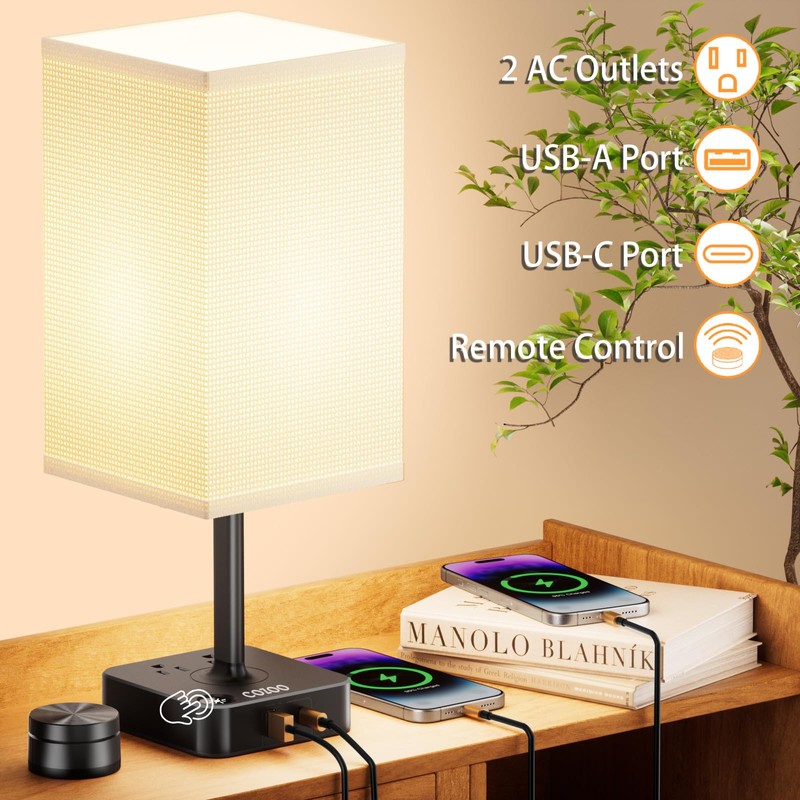 Remote Control Bedside Lamp with USB-C & USB-A Charging Ports,