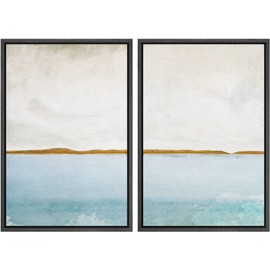SIGNWIN Framed Canvas Print Wall Art Set Gold Blue Ocean Sea Beach Landscape Nature Wilderness Illustrations Modern Art Decorative Rustic Chic for Living Room, Bedroom, Office - 24"x36"x2 Black