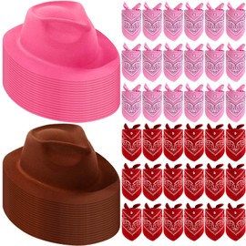Hillban 72 Pack Cowboy Hat and Bandana Set, 36 Cowboy Hats 36 Cowboy Bandana Bulk for Fancy Dress Party Cosplay Costume (Brown, Pink)