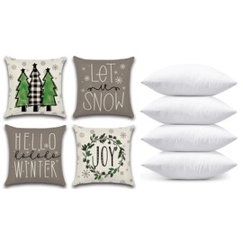 OTOSTAR Set of 4 Pillow Inserts 18x18 with Pillow Covers 18x18 Pillowcase Christmas Tree Joy Decorative Throw Pillow Cover Black White Plaids Winter Holiday Decorations Cushion Case for Couch (Grey)
