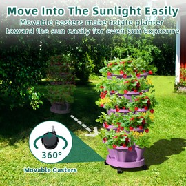 Tectsia Strawberry Vertical Planter GardenTower, 5 Tiered Stackable Planter with Support Pole, Stacking Herb Vegetable Planters Indoor and Outdoor - Purple