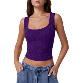 QINSEN Women's Square Neck Crop Top for Summer Casual Lace Trim Sleeveless Tank Top Purple L