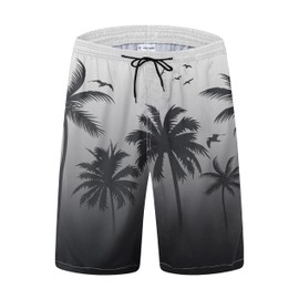 FT FENTENG Mens Swim Trunks for Men, Black Grey Palm Tree Mens Board Shorts Swimwear Bathing Suit with Mesh Lining, Funny Hawaii Quick Dry Beach Shorts for Men Swimming Trunks, 4X-Large