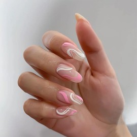 BABALAL Short Press on Nails Oval Acrylic Nails Glossy Nails Swirl Design Nails Pink Fake Nails for Women and Girls