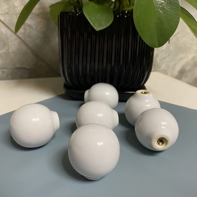 UULU 6Pcs White Ceramic Knobs Round Drawer Pulls Vintage Spherical