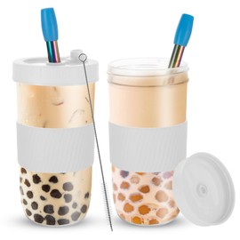 Esilihom Bubble Tea Cup, 2 Pack Reusable Bubble Tea Cup with Straw and Lids, 730ml/24oz Smoothie Cups, Wide Mouth Leakproof Cups for Boba Ice Tea Coffee Drinks（White）