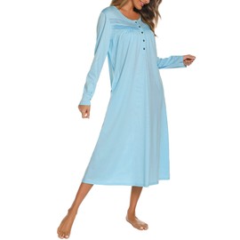 YOZLY Nightgowns for Women Soft Cotton Long Sleeve Night Gwon with Pockets Blue, Large