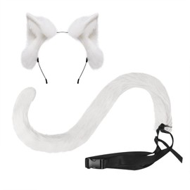 RONGXG Furry Cat Ear Hairband Tail Set Faux Fur Animal Ear Hair Clip Tail Kit Cosplay Hair Hoop Long Tail Adjustable Waist Belt White