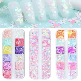 Lentejuelas de uñas con purpurina de flores, 3 cajas holográficas de corazón, diseño de copos de uñas rosa y morado, calcomanías de lentejuelas de mar