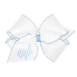 Wee Ones Girls' Easter Embellished Grosgrain Bow with Moonstitch Edge on a WeeStay clip, Handmade, King, Blue Printed Gingham Bunny