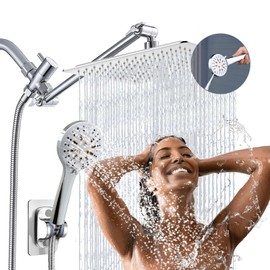 Rain Shower Head with Handheld Spray Combo High Pressure 3+6 mode built-in power wash, Dual Square Showerhead with 11'' Extension Arm Height/Angle Adjustable, 3-Way Diverter, Chrome, AWAXFOLO