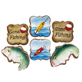 Gone Fishing Assortment- 6 Decorated Crunchy Shortbread Cookies Individually Wrapped With Bow by BakersDozenToGo