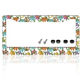 Peace Flower License Plate Frame Hippie Peace Symbol License Plate Holder for Front or Rear Car Tags Stainless Steel Funny Car Decoration with Screws 6.3 X 12.2 Inch