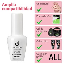 Base Coat Gel UV LED Soak Off 15ml CHERIMOYA, Base para Uñas Semipermanentes, Adhesión Máxima, Preparador Profesional, Protección Antimanchas, Compati