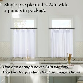 White Cafe Sheer Curtains 36 Inch Length for Kitchen Window,Back Tab Pinch Pleated Short Linen Curtains for Small Bedroom Windows,Set of 2 Panels,24 x 36 in Long