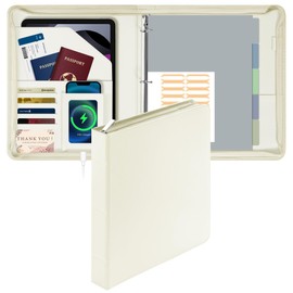 EYROZILL Zippered Leather 3 Ring Binder Organizer with Pockets – Business Portfolio Folder with Card Slots, Phone Holder, Pen Loop (Beige)