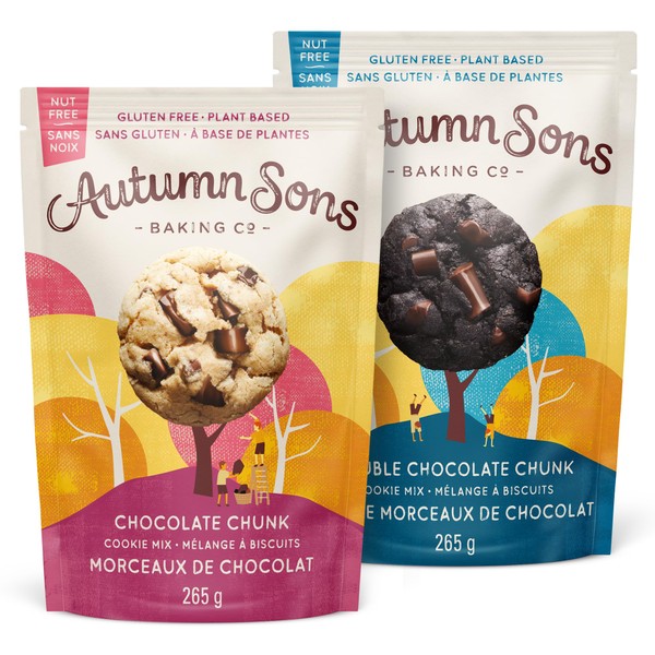 Autumn Sons Baking Co. Gluten Free Chocolate Chunk & Double Chocolate Chunk Cookie Mix Combo Pack. Vegan Plant Based Baking Mix. Free From 11 Common Allergens. 265g (Pack of 2)