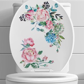 Watercolor Flowers Leaf Toilet Cover Sticker Decals,Rose Plant Flower Leaf Waterproof Toilet Lid Tank Seat Decals Cistern Self-Adhesive Bathroom Wall Sticker