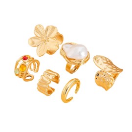 Esther 6pcs Vintage Style Statement Gold Rings for Women Dainty Stackable Finger Adjustable Ring Set(Gold)