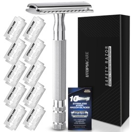 Utopia Care Double Edge Safety Razor for Men & Women with 10 Premium Stainless Steel Blade Refills, Reusable Single Blade Razor, Silver