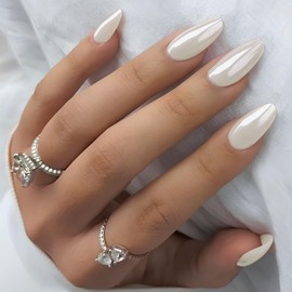 YOSOMMK White Fake Nails Medium Press on Nails Almond Glossy Acrylic Glue on Nails Full Cover Artificial False Nails for Women and Girls