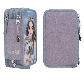 Depesche 13149 TOPModel Wolf-Filled 3-Compartment Pencil Case in Dark Blue, with Model Motif, Stars and Glitter, Pencil Case with Colouring Pencils, Ruler, Scissors and Much More, Blue