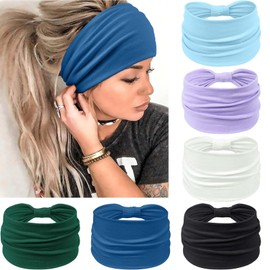 Awumbuk Wide Headbands for Women Knotted No Slip Head Bands Soft Turban Headband Hair Accessories Boho African Solid Color Head Wraps for Women Yoga Workout Pack of 6