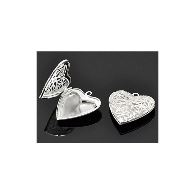 Set of 5 Heart Fiddigree Openwork Locket Pendants Silver Color