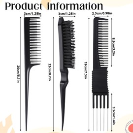 3 PCS Black Teasing Combs Hair Brush Set, Includes Triple Pin Rat Tail Comb, Black Carbon Lift with Metal Prong, Nylon Bristle Hair Brush for Women Stylist Men Brushing Combing Slicking