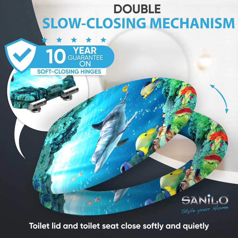 SANILO Wooden Toilet Seat with Soft Close [ELONGATED] - Decorative,