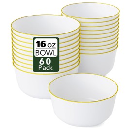 White With Gold Rim Plastic Bowls Disposable - 16 Oz Plastic Bowl 60 Count - Disposable Soup Bowls - Large Plastic Bowls - Heavy Duty Cereal Bowl - Plastic Serving Bowls For Weddings And Parties