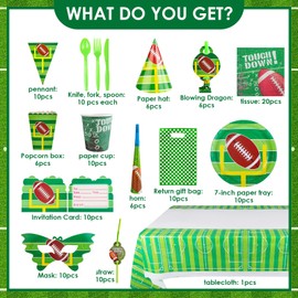 Chris.W 145 Pcs Superbowl Football Party Decorations, Football Party Supplies Kit Includes Triangle Flag, Plates, Cups, Napkins, Tablecloth, Gift Bags, Popcorn Box, Hat for Super Bowl Party Supplies