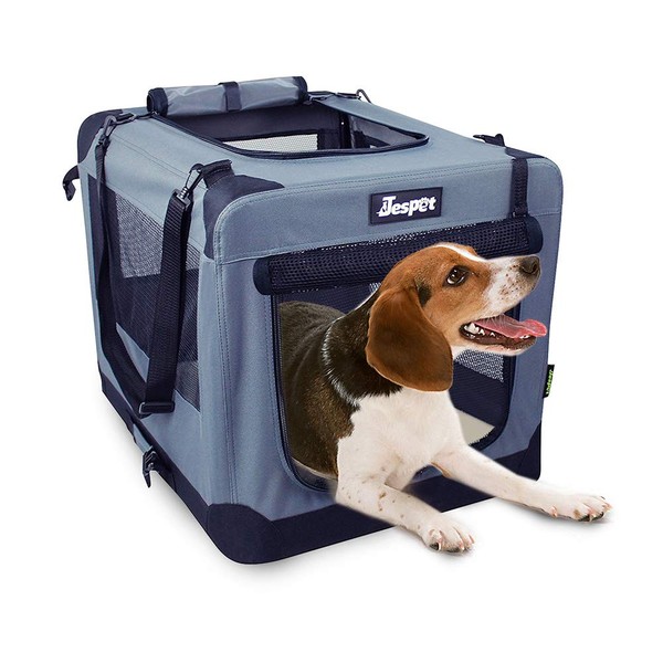 JESPET Soft Dog Crates Kennel for Pets, 3 Door Soft Sided Folding Travel Pet Carrier with Straps and Fleece Mat for Dogs, Cats, Rabbits, Grey Blue & Beige (36" L x 24" W x 27" H, Grey)