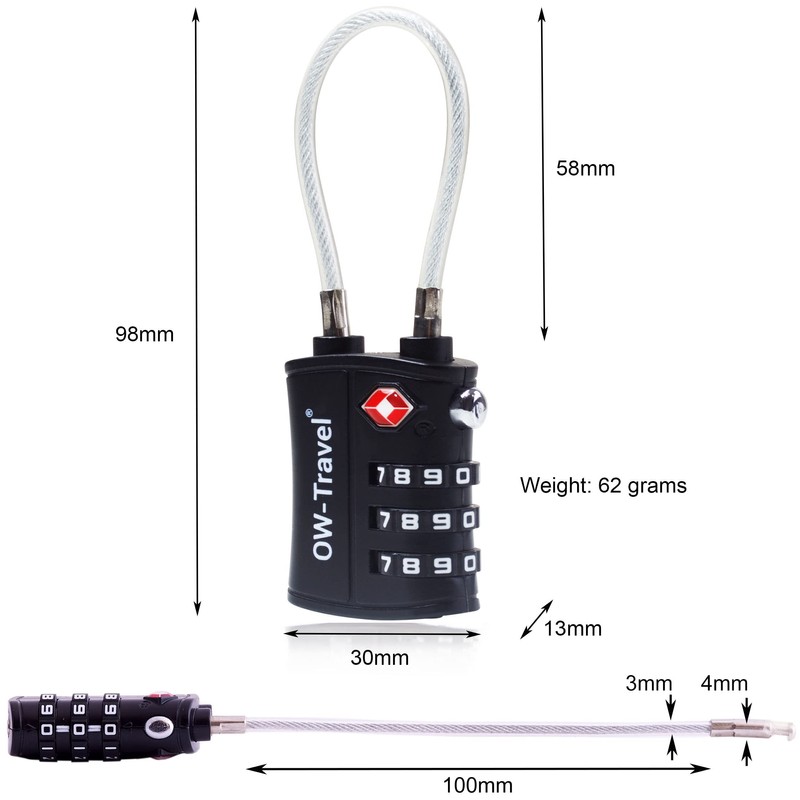 OW-Travel Cable Lock 3 Digit Combination Lock Suitcase Lock Padlock