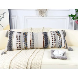 NUYECY Chenille and Cotton Long Pillow for Bed, Striped Textured Boho Lumbar Throw Pillow Cover 14x36, Neutral Accent Decorative Extra Long Body Pillow Case for Couch, Sofa, Bedroom, Brown-Grey