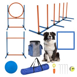 Sedeke 4 Sets Pets Agility Training Equipment, Obstacle Training Course Kit, Adjustable Dog Hoop, Dog Jump, Weave and Blind Poles and Pause Box for Dog Obstacle Course Outdoor Game