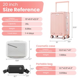 ZJMTOCYU Durable and Lightweight 20-Inch Carry-On Luggage with Front Open Compartment, TSA Lock, and 360° Double Wheels - Pink