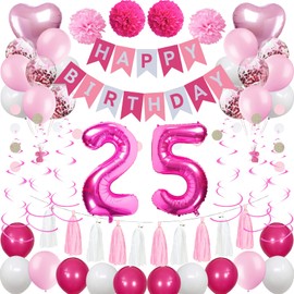 Sweet 25th Birthday Decorations for Women, Pink and White 25 Happy Birthday Balloons，25th Birthday Party Supplies for Her Girlfriend Wife Including Pink Happy Birthday Banner, Hot Pink Number 25 Foil Balloons
