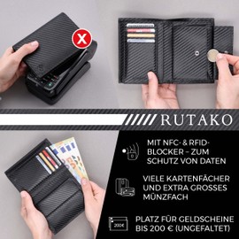 RUTAKO® Men's Leather Wallet with RFID Protection, Large Wallet with Coin Compartment, 12 Compartments, Genuine Leather Wallet for Men, Wallet, carbon black, Portrait